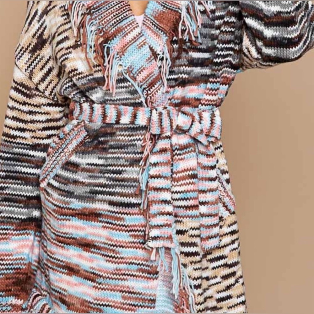 POL Multicolor Knit Cardigan with Tassel Fringe and Tie Waist